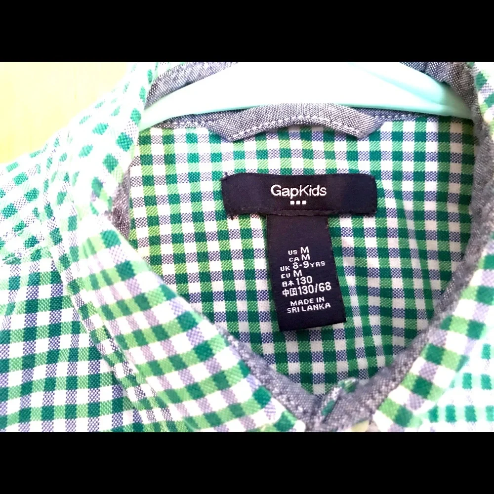 GAP Kids long-sleeve button-down gingham shirt size medium, green blue white